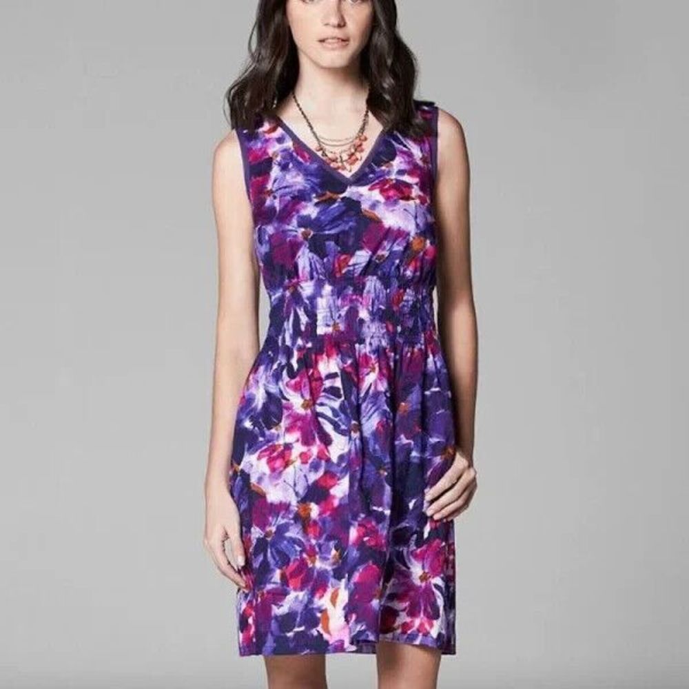 SIMPLY VERA WANG Women's Small Purple Watercolor Floral Smocked Midi Dress